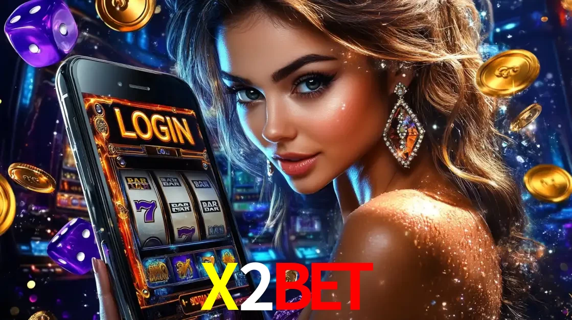 Mulher glamorosa segurando um smartphone com a tela de login para os jogos de caça-níqueis do cassino online X2BET, com moedas de ouro e dados ao redor.