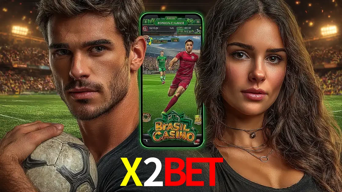 Homem segurando uma bola de futebol e uma mulher ao lado de um smartphone exibindo o jogo de apostas esportivas da X2BET. Faça seu palpite no cassino online.